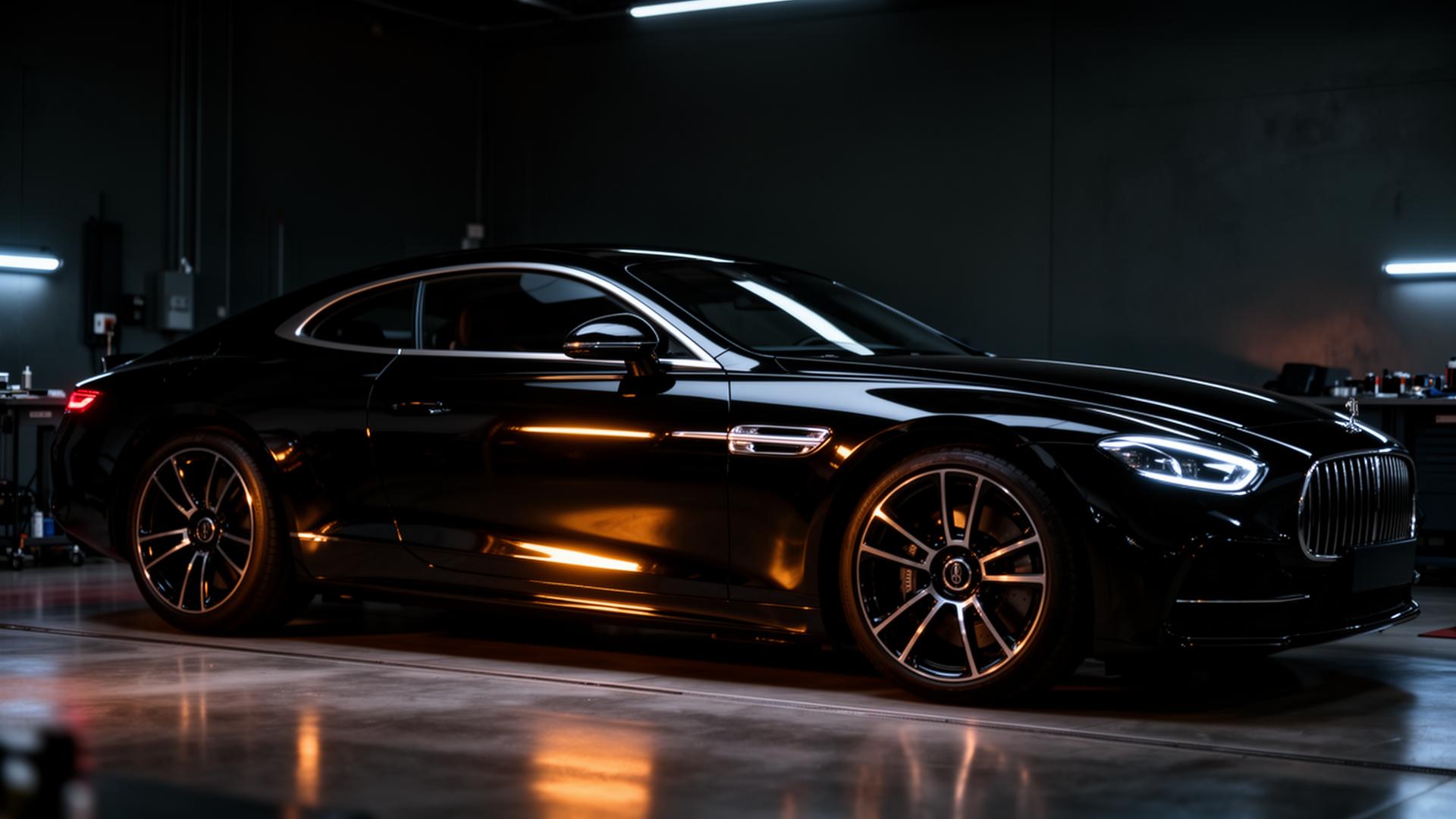 Dark car parked in sunlight, front three-quarter view