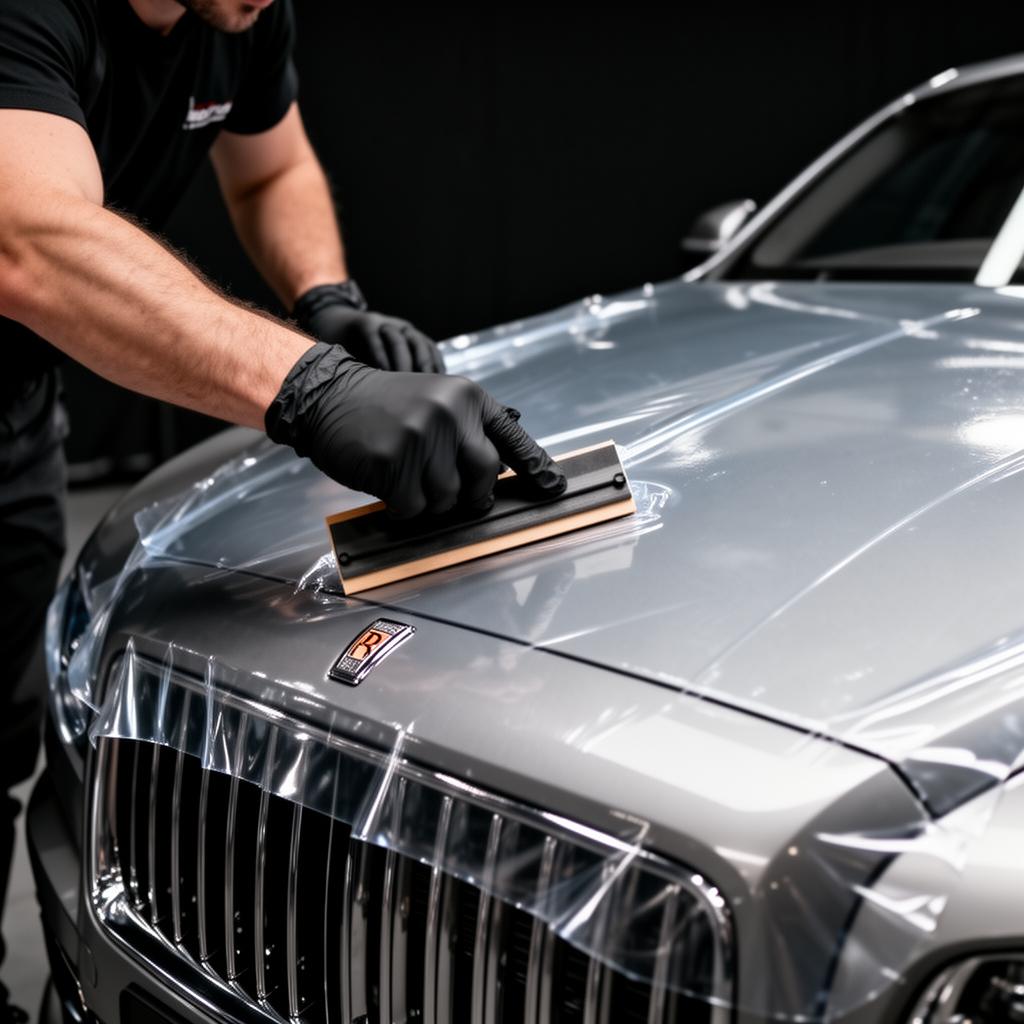 Installer smoothing a clear film panel over a car bonnet